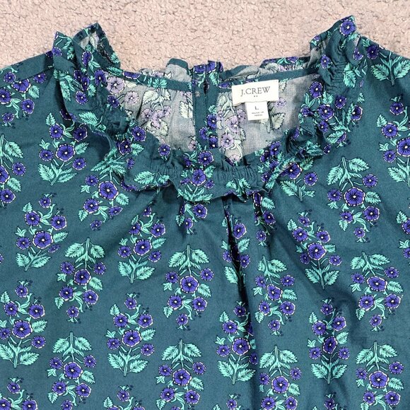 J. Crew Dark Teal Floral Long Sleeve Ruffleneck Poplin Blouse Romantic CD288 - Picture 4 of 10